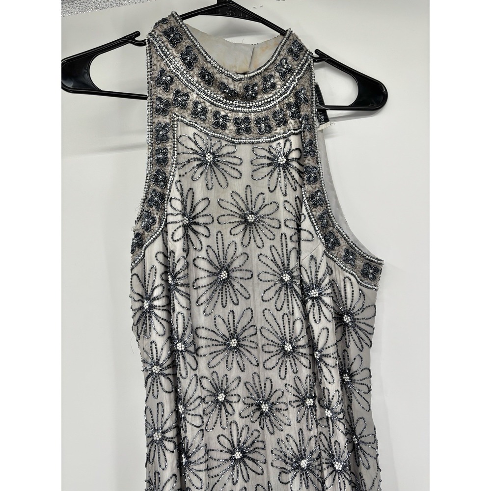 Papell Boutique Evening 100% Silk Beaded Sequin Floral Gown Dress 14